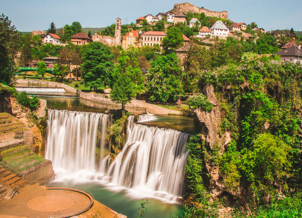 Panoramic view of Jajce, old town in Bosnia and Herzegovina with it's beautiful waterfall