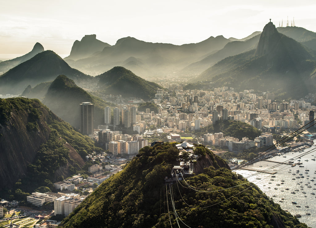View of misty Rio de Janeiro city by sunset from the Sugarloaf Mountain