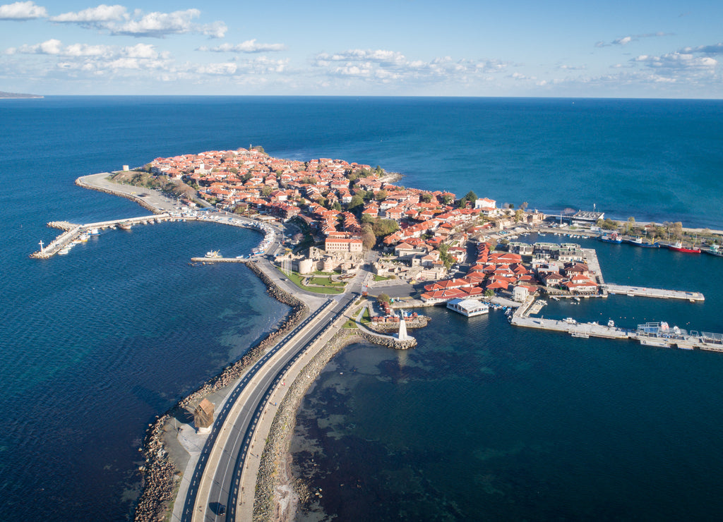 General view of Nessebar, ancient city on the Black Sea coast of Bulgaria. Panoramic aerial view