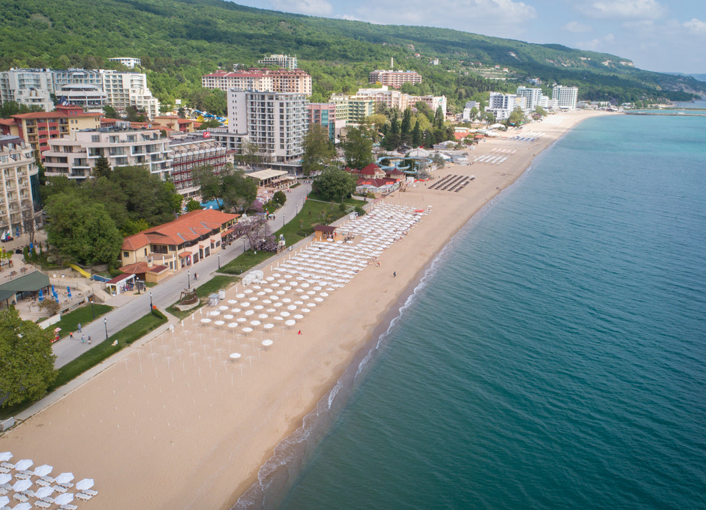Aerial view of the beach and hotels in Golden Sands, Zlatni Piasaci. Popular summer resort near Varna, Bulgaria