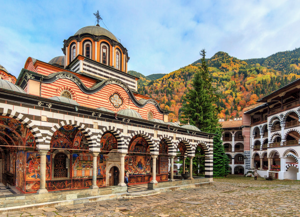Beautiful view of the Orthodox Rila Monastery, a famous tourist attraction and cultural heritage monument in the Rila Nature Park mountains in Bulgaria