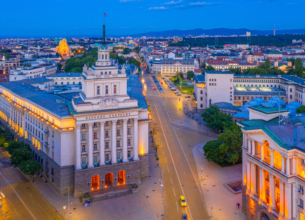 Sunset view of Largo square in Sofia with national assembly building (written in cyrillic on the picture), Bulgaria
