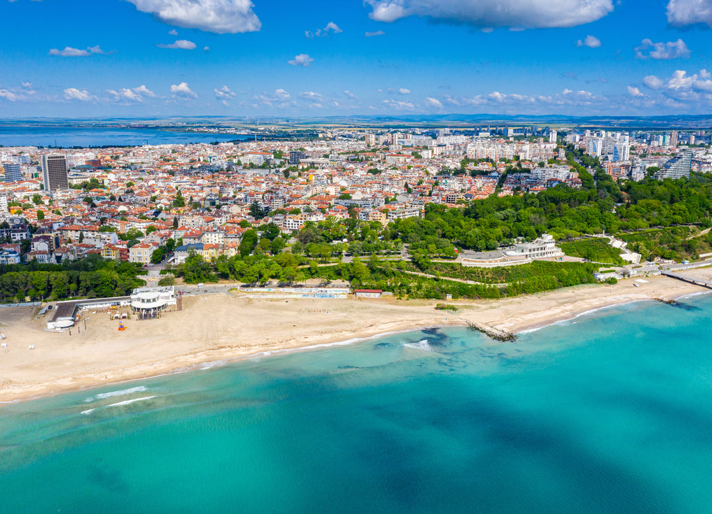 Aerial view of the main beach of the bulgarian town Bourgas