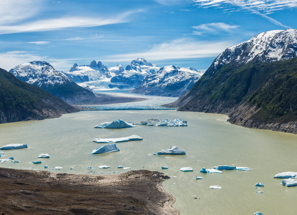 Glacial lake with small icebergs floating, Laguna San Rafael National Park, Aysen Region, Patagonia, Chile