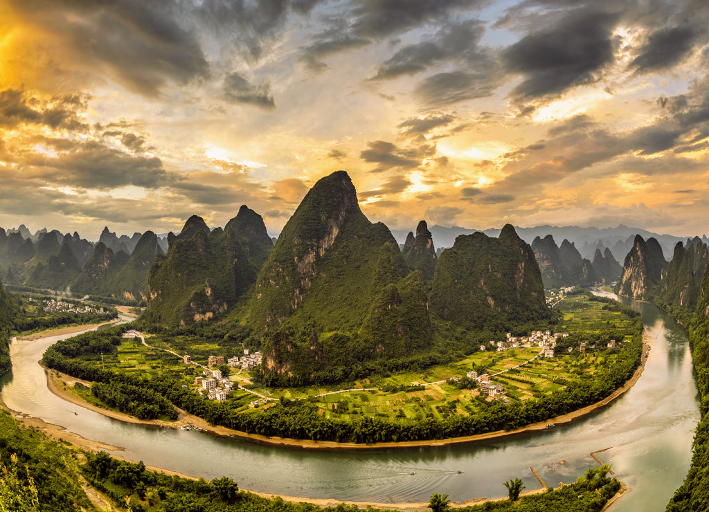 Xianggong hill landscape of Guilin, Li River and Karst mountains. Xingping, Yangshuo County, Guangxi Province, China