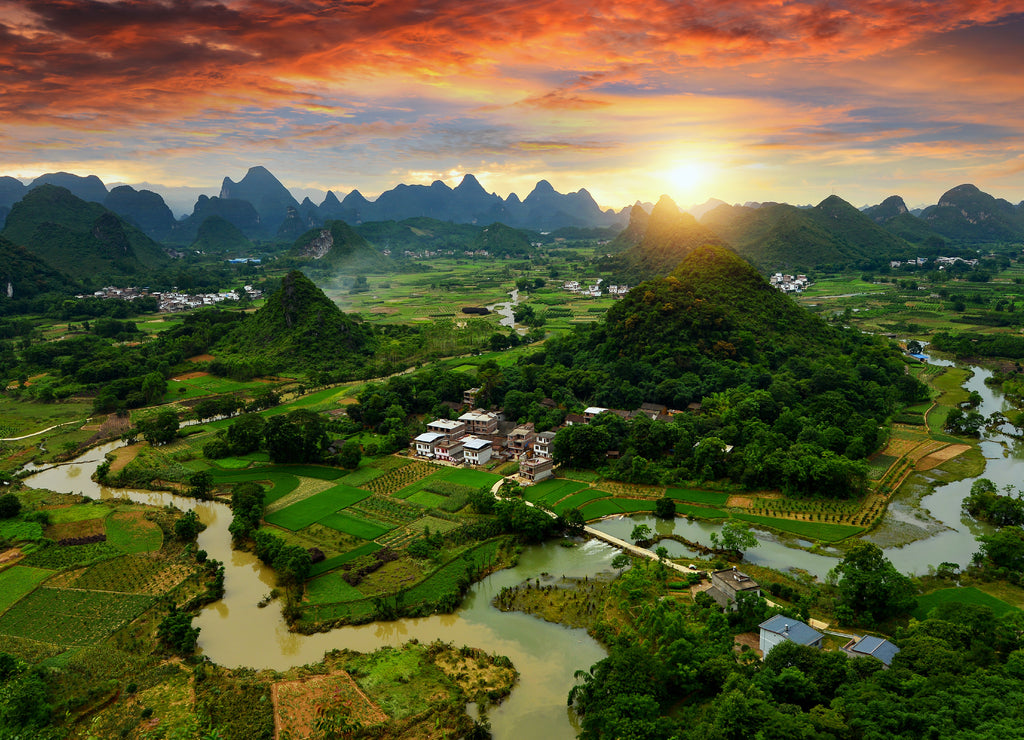 Xianggong hill landscape of Guilin, Li River and Karst mountains. Xingping, Yangshuo County, Guangxi Province, China