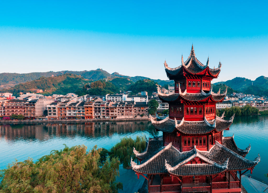 Dusk scenery of Zhenyuan ancient town, Guizhou Province, China