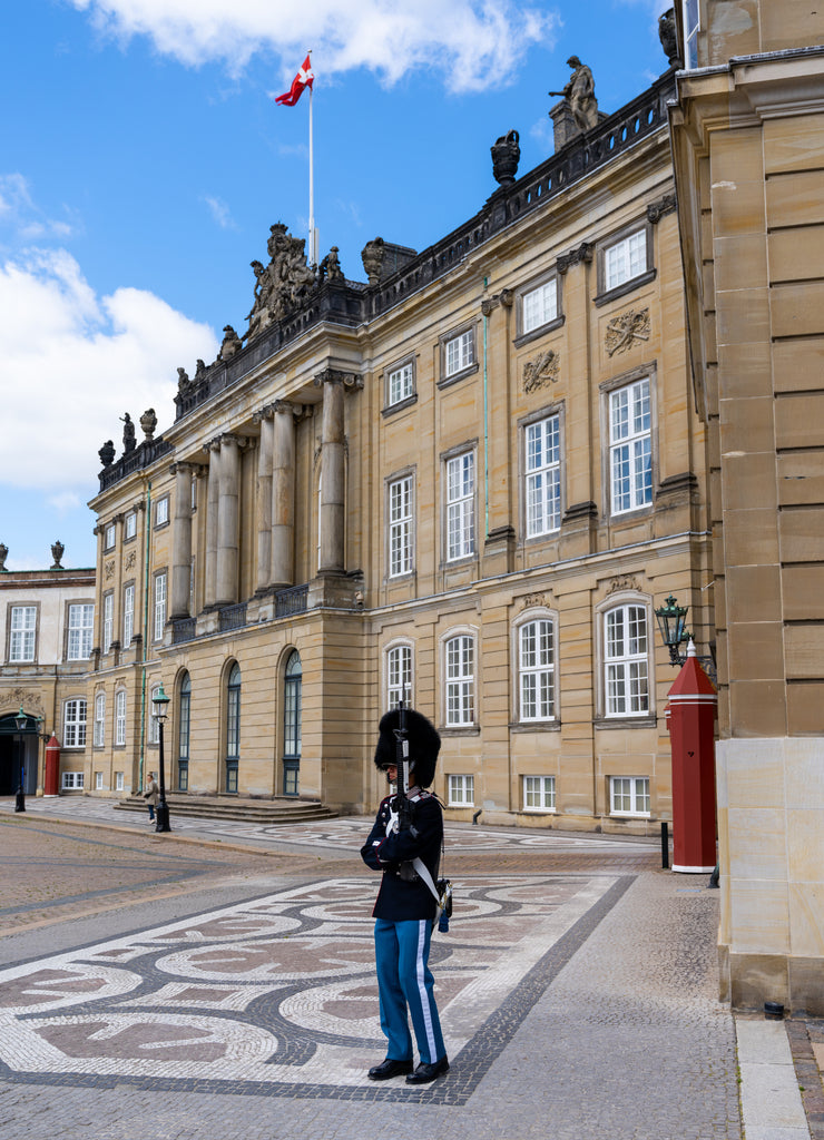 palace guard on watch duty outside the Amalienborg Palace in downtown Copenhagen