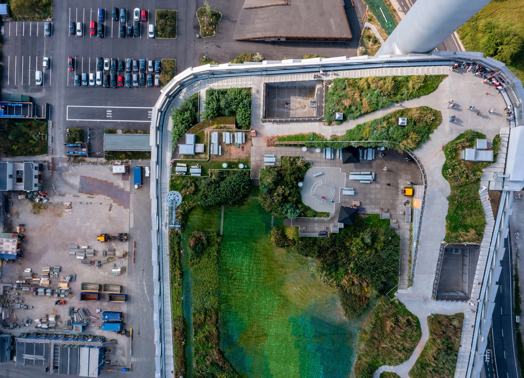 Amager Bakke, Copenhill Waste-to-Energy Power Plant in Copenhagen, Denmark with the ski area on the roof