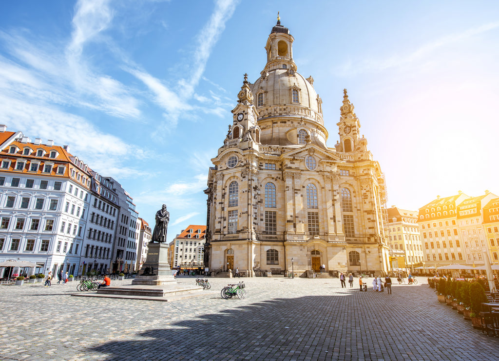 View on the main city square with famous church of Our Lady during the sunrise in Dresden city, Germany