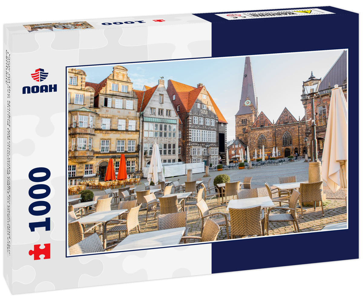 View on the Market square with cafe terrace and Our Lady church during the morning light in Bremen city, Germany