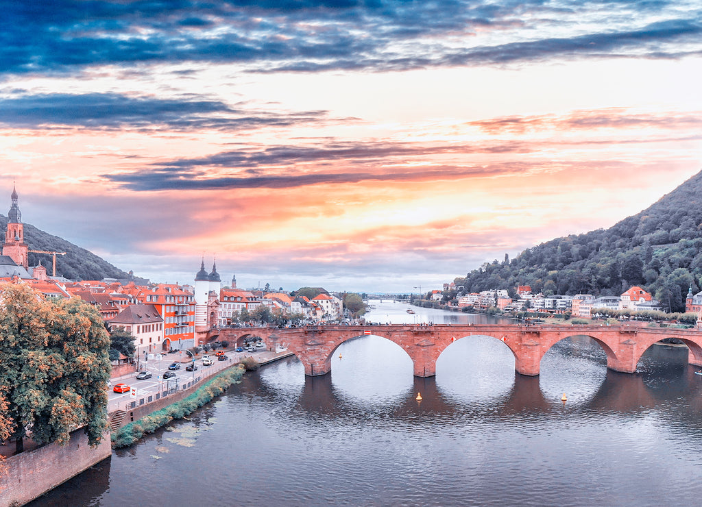 Heidelberg skyline aerial view from drone, Chain Bridge and city skyline