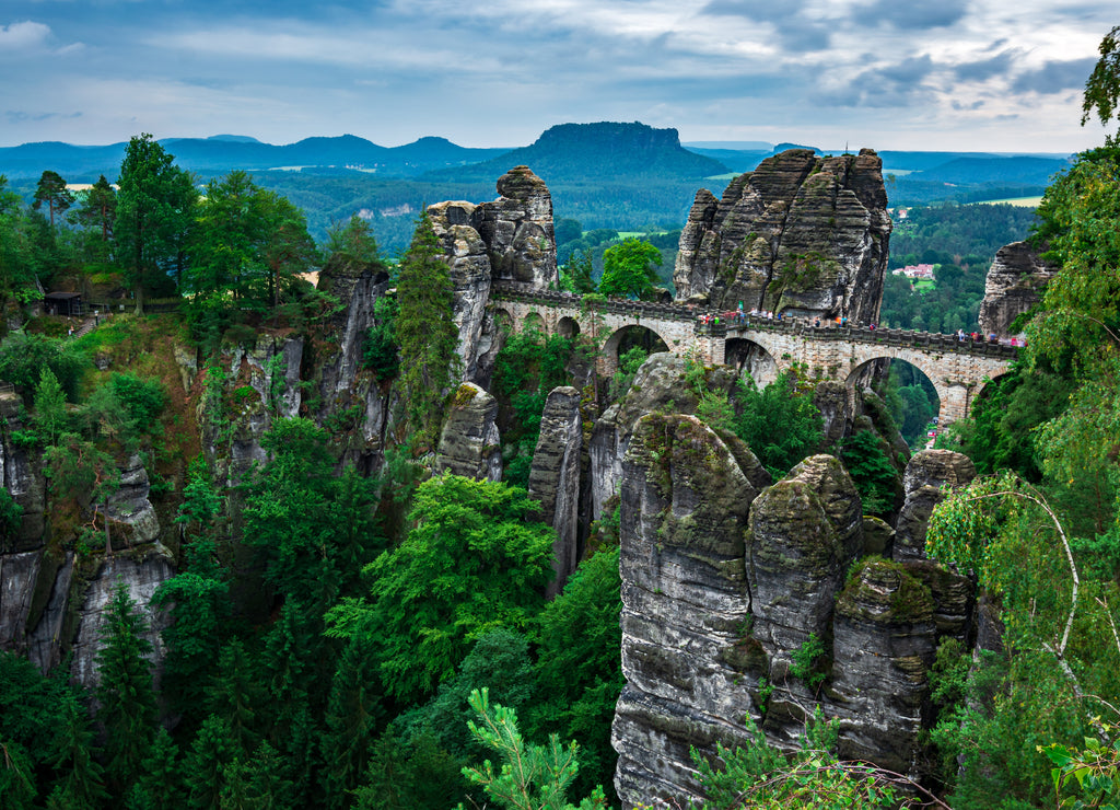Famous bridge Basteibruecke in Saxon Switzerland on a cloudy day