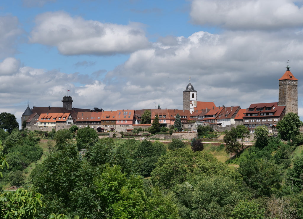 scenic view of village of Waldenburg with castle and medieval towers