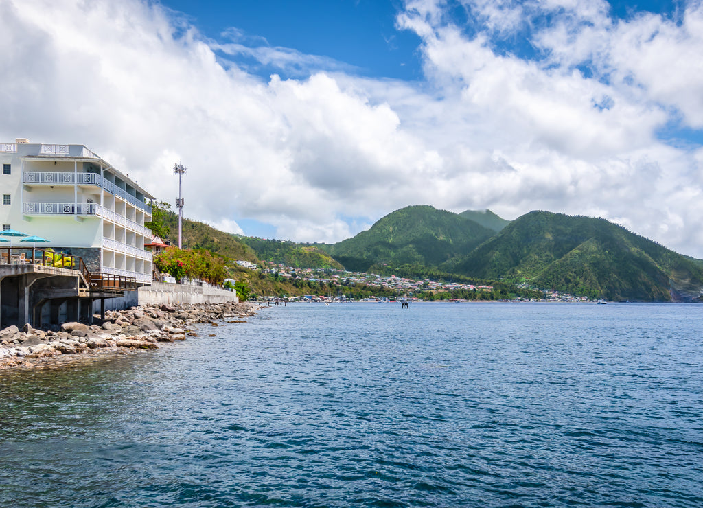 Landscape with coastline at the port of Roseau in Dominica