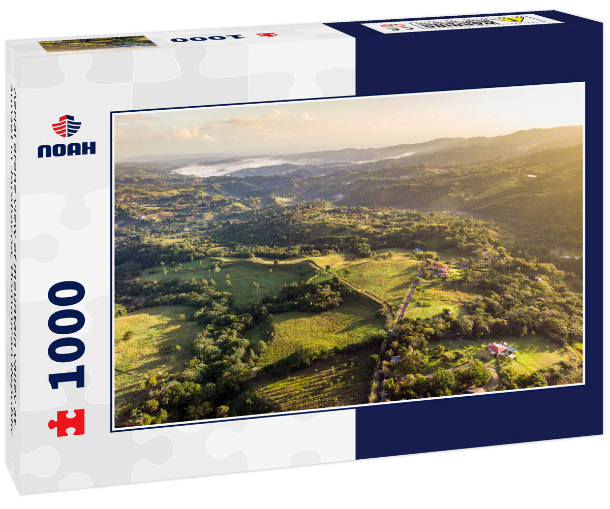 Aerial drone view of mountain valley at sunset in Jarabacoa, Dominican Republic