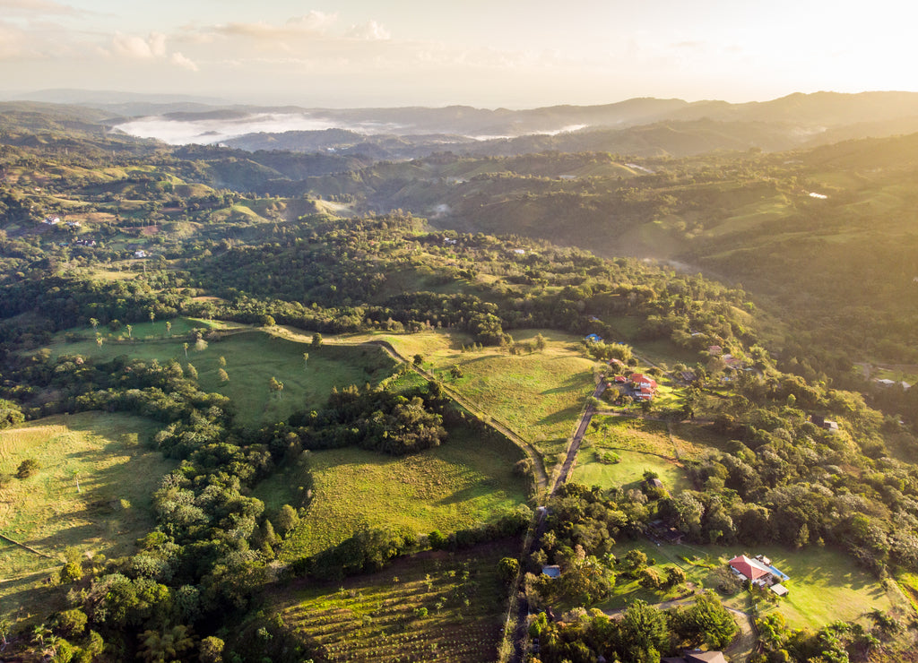 Aerial drone view of mountain valley at sunset in Jarabacoa, Dominican Republic