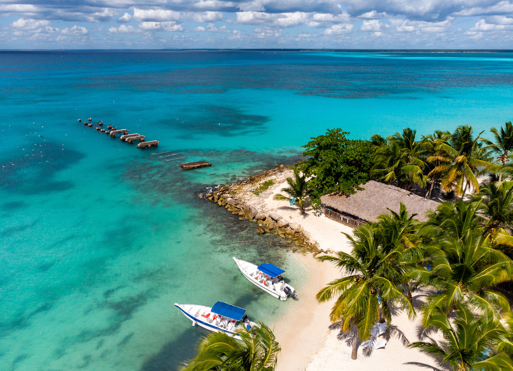 Aerial drone view of the paradise beach with old broken pier, boats, palm trees and blue water of Caribbean Sea with transparent coral bottom, Saona island, Dominican Republic