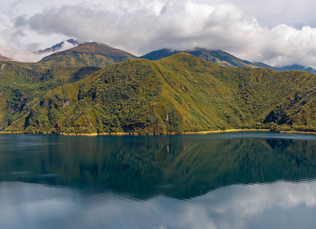 Reflection landscape of the Cuicocha Lagoon near Otavalo, north of Quito, Ecuador