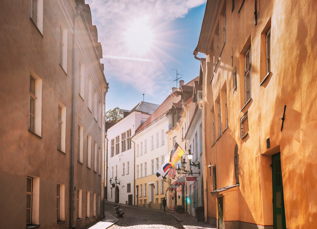 Tallinn, Estonia. Empty Puhavaimu Street In Old Town During Sunset