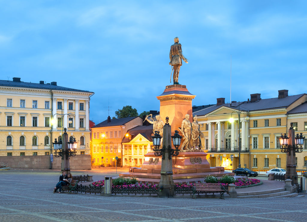Alexander II monument on Senate square with Helsinki university, Finland