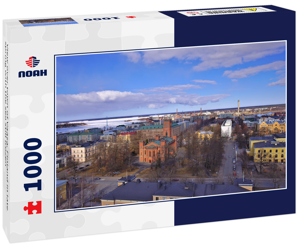 View over town of Vaasa, Finland in late spring with the sea still frozen