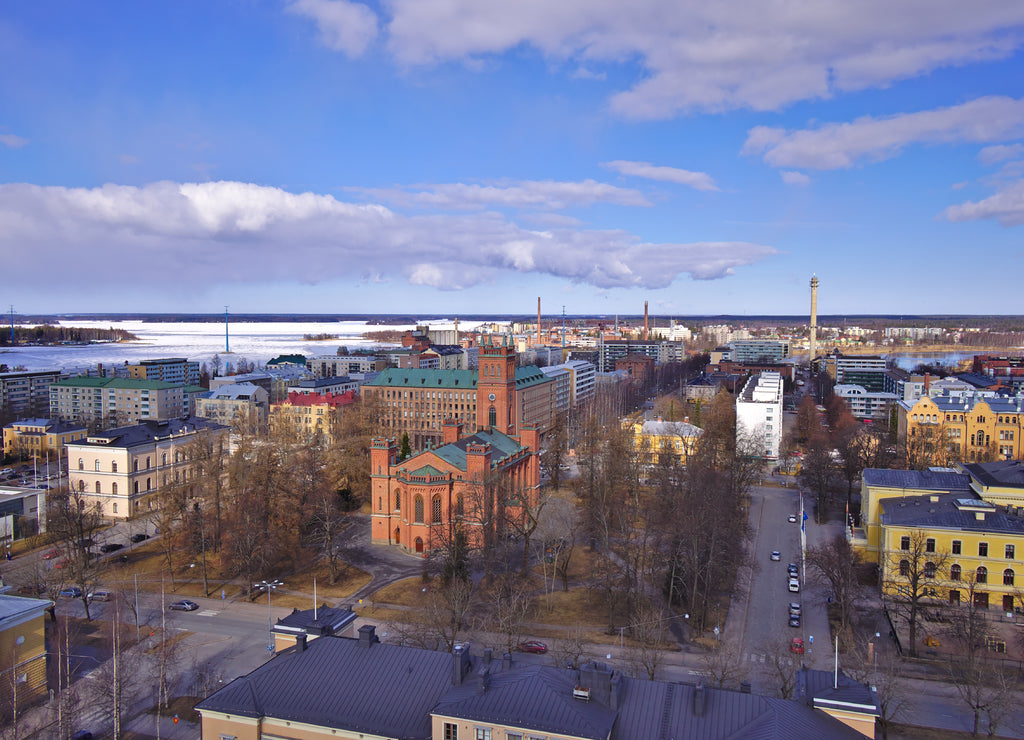 View over town of Vaasa, Finland in late spring with the sea still frozen