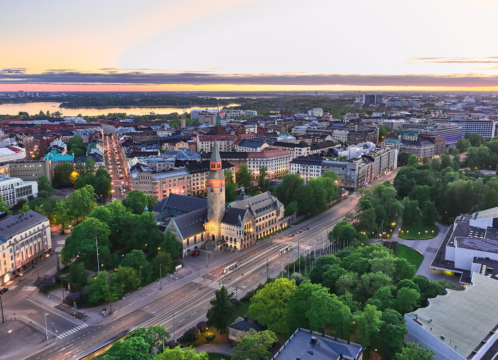 Aerial view of The National Museum of Finland, Helsinki in summer night