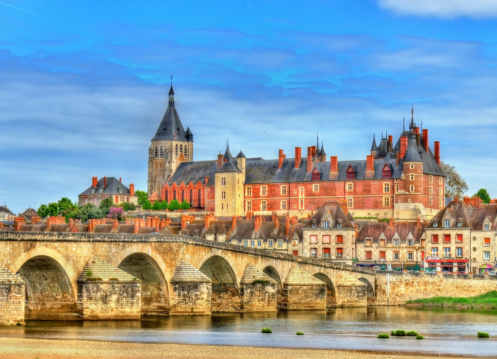 View of Gien with the castle and the bridge across the Loire - France
