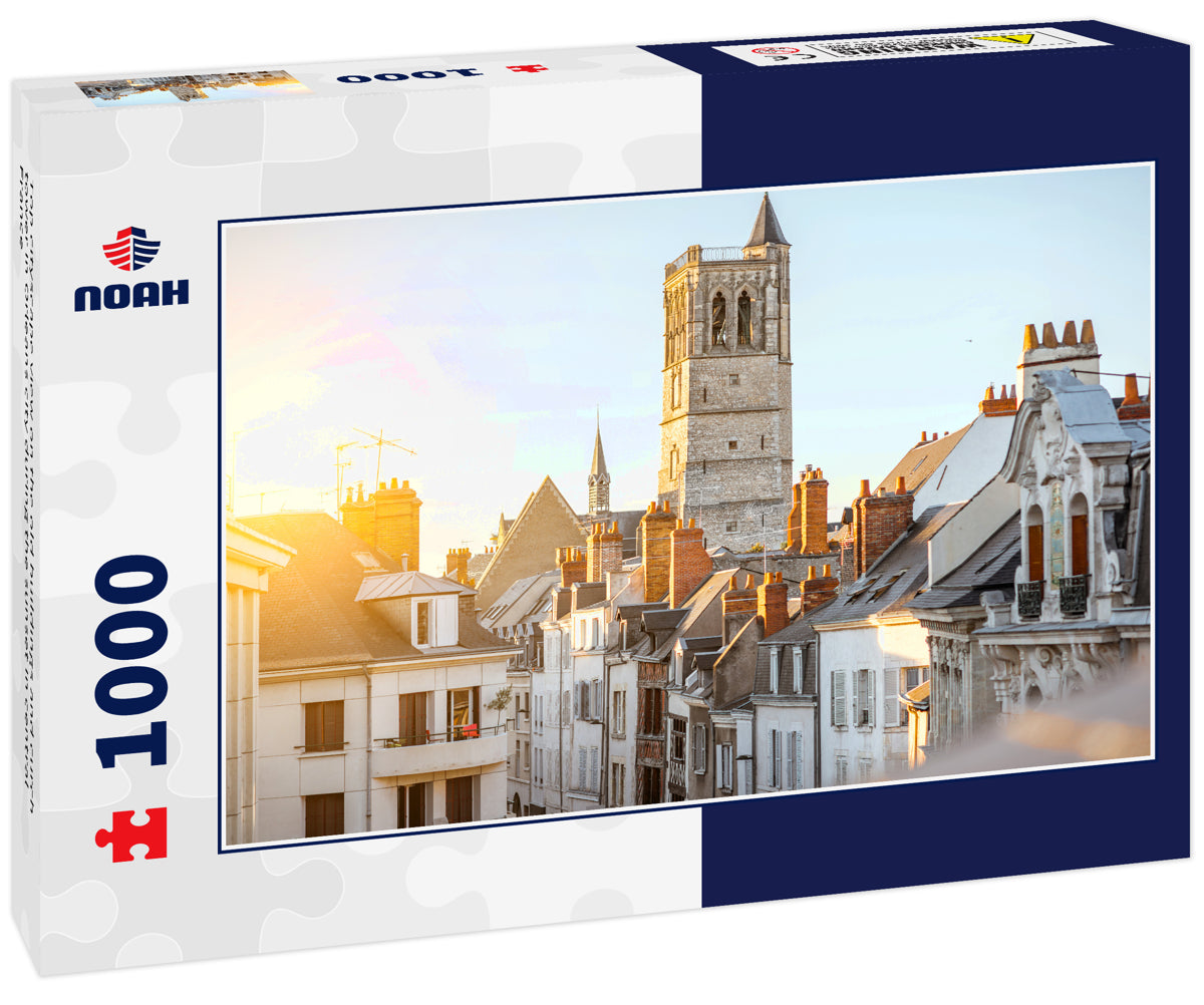 Top cityscape view on the old buildings and curch tower in Orleans city during the sunset in central France