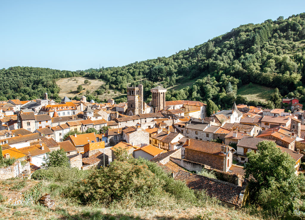 Top cityscape view on Blesle village during the sunset in Auvergne region, France