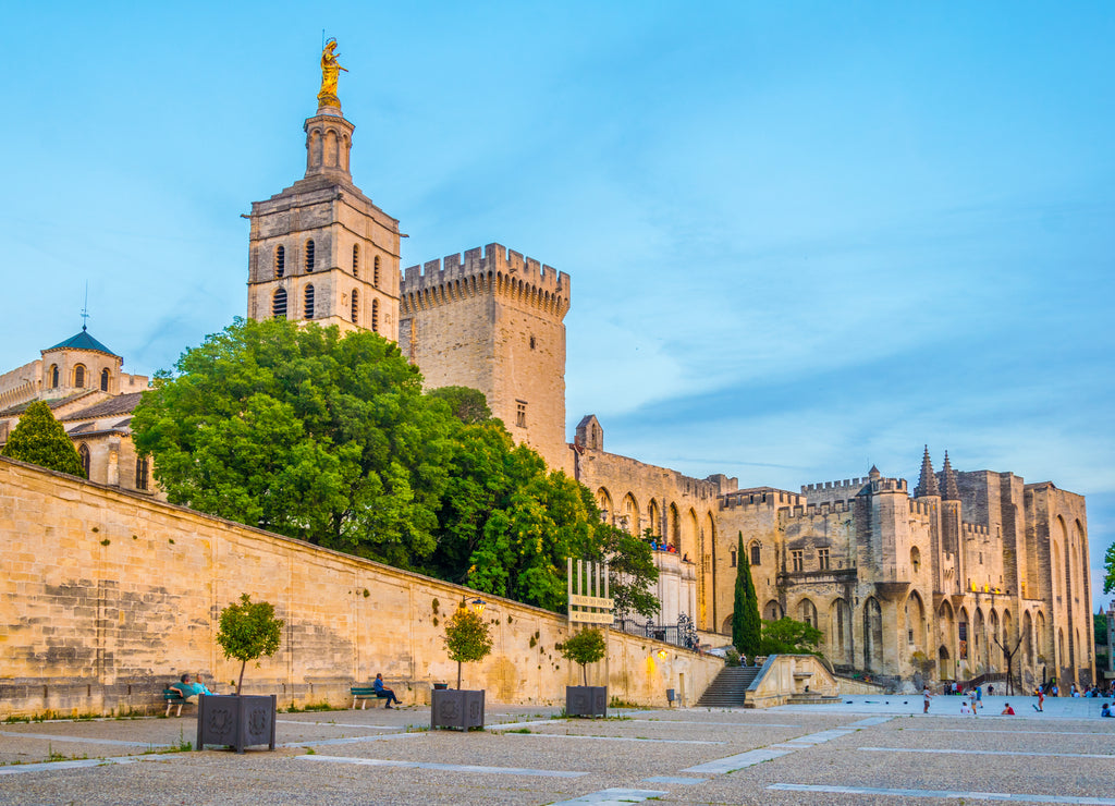 Sunset view of Palais de Papes and the cathedral in Avignon, France