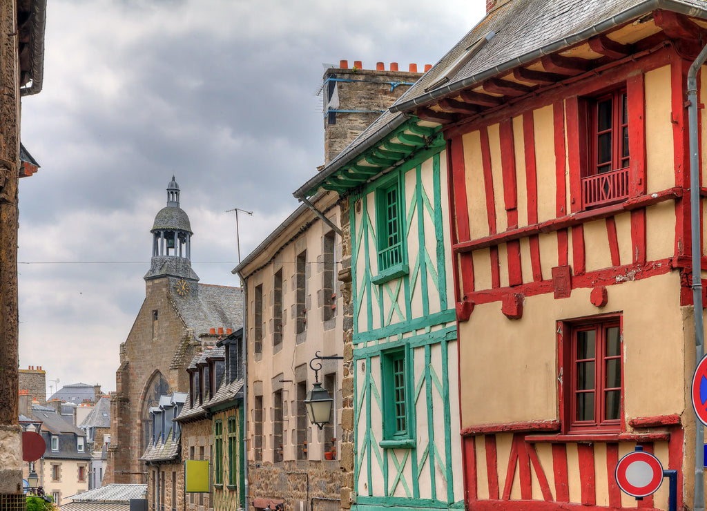 Beautiful cityscape of the ancient traditional houses with wooden beams in Saint-Brieuc, in the Côtes-d'Armor department in Brittany, France