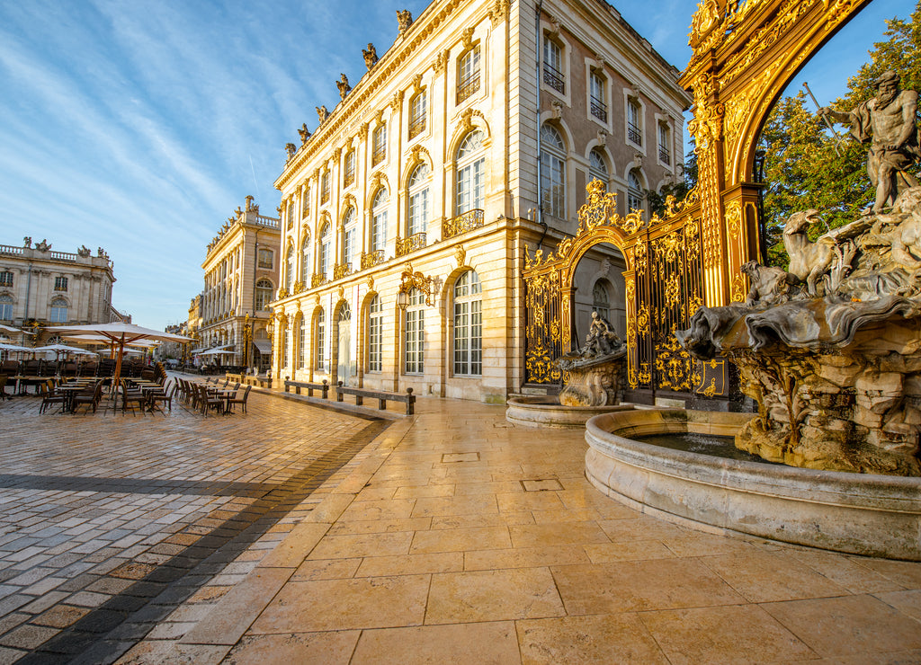 Morning view on the Stanislas square with Golden gate in the old town of Nancy city, France