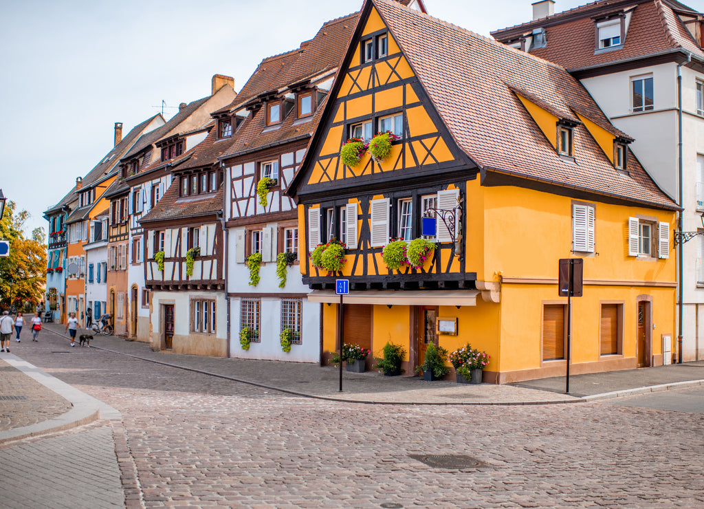 Cityscaspe view on the old town with beautiful half-timbered houses in Colmar, famous french town in Alsace region