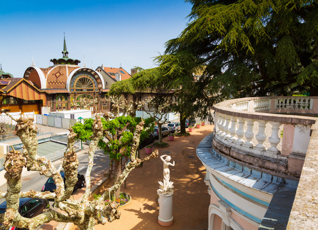 Historic art nouveau pump house of mineral water in Evian-les-Bains city in France