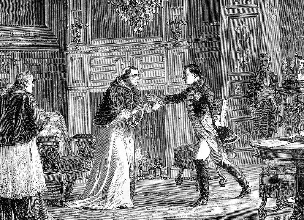 Napoleon visits Pope Pio VII in Fontainebleau, France. The Pope whom Napoleon kidnapped because he refused to give them papal states