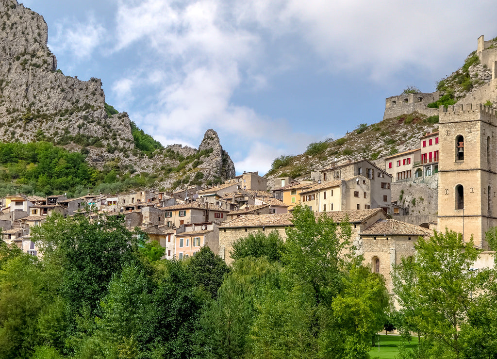 Small French medieval town between two rocky hills and the Var river, Commune of Entrevaux, Provence-Alpes-Côte d'Azur region