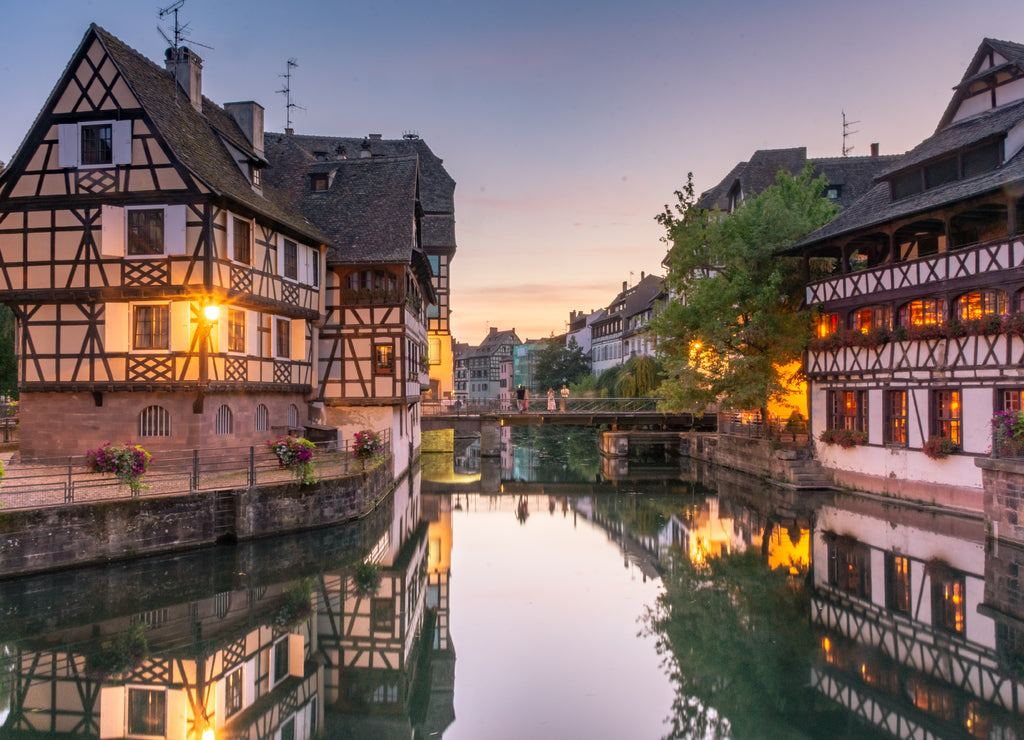 Sunset over the canal of "petite venice" in Strasbourg, France