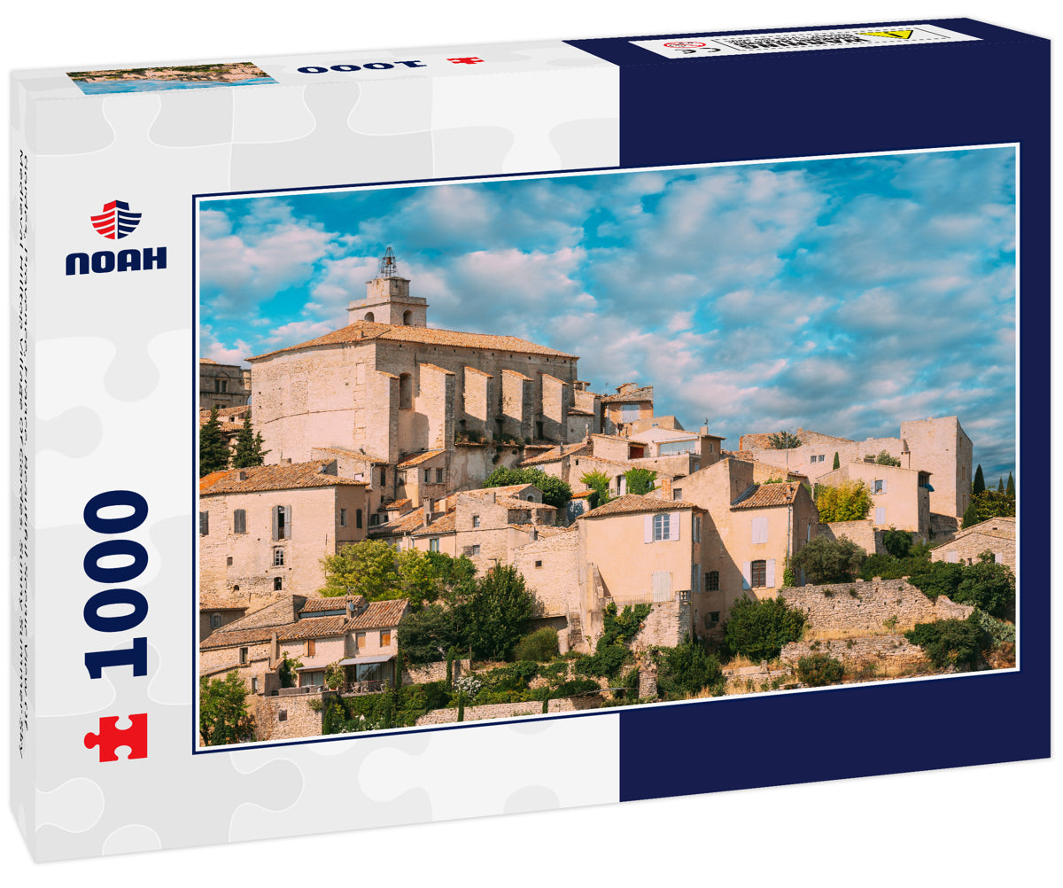 Gordes, Provence, France. Beautiful Scenic View Of Medieval Hilltop Village Of Gordes. Sunny Summer Sky