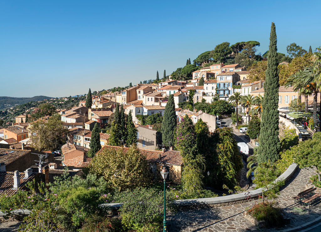 scenic view to old village of Bormes les Mimosas in the Provence region, France