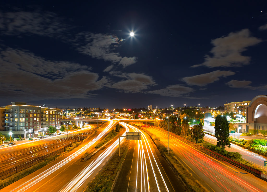 Moon over Freeway in Tacoma Washington