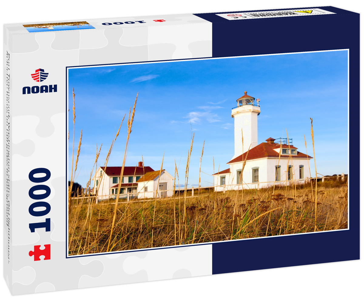 Port Townsend, Washington state. Old lighthouse. Selective focus on tall grass in foreground