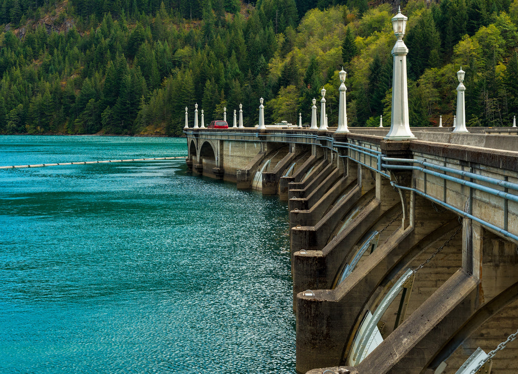 Partial view of the roadway on top of Diablo Dam in North Cascades National Park, Washington