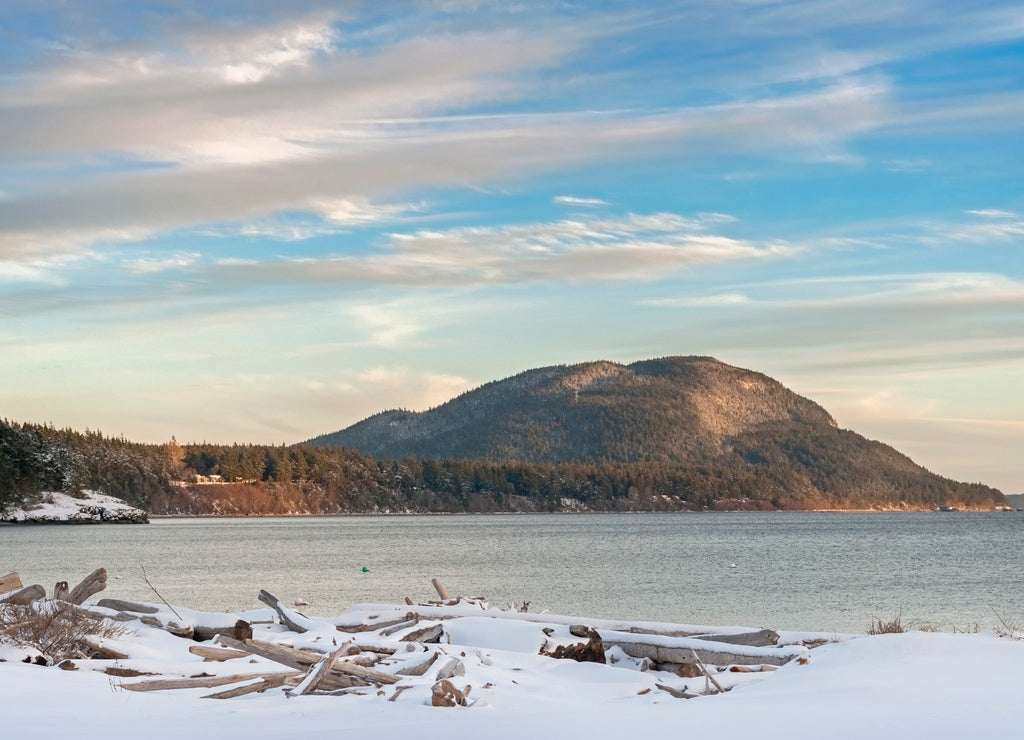 San Juan Islands Snowfall. Fresh snow blankets an island in the Puget Sound area of western Washington State. Lummi Island, Washington