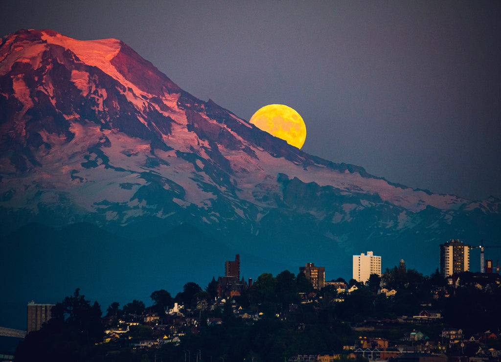 Moon rising over Mt Rainier viewed from Point Ruston in Tacoma Washington