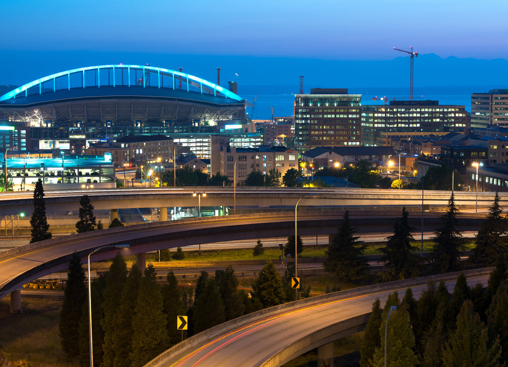 Skyline of Seattle at night, Washington State, USA