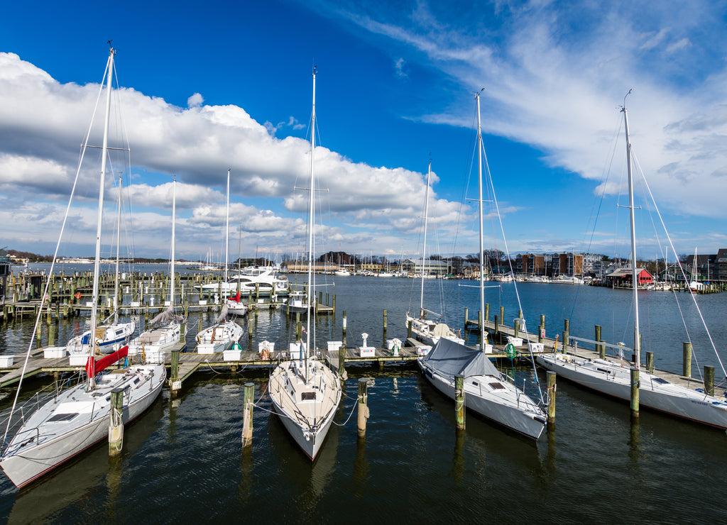 Harbor Area of Annapolis, Maryland on a cloudy spring day with sail boats