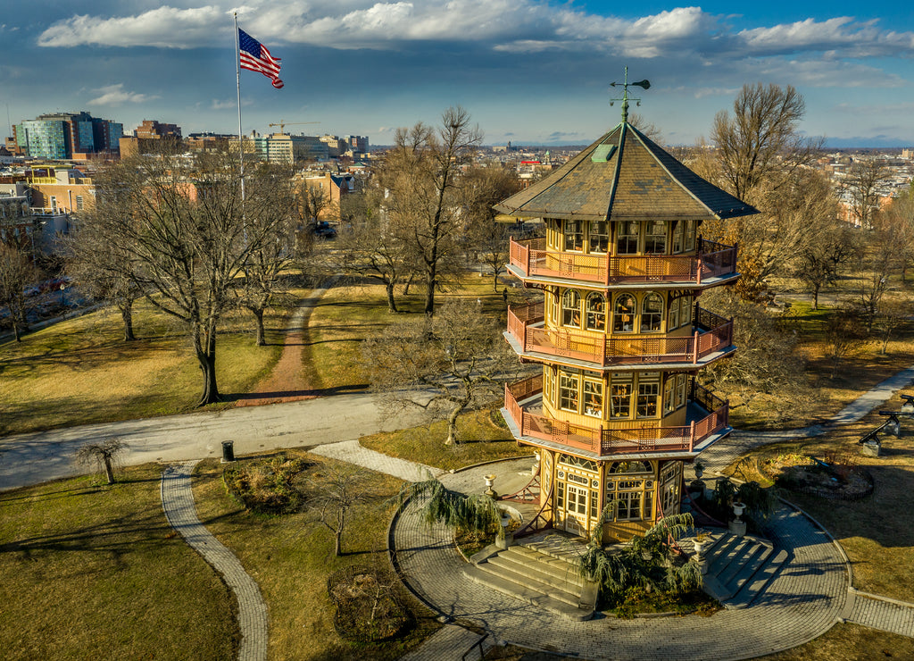 Patterson Park Pagoda During Winter in Baltimore, Maryland, USA with American Flag