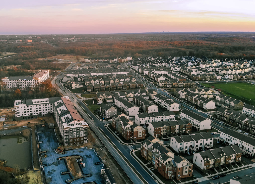 An aerial view of Clarksburg, Maryland at sunset